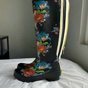 Mackenzie Childs Tall Black Floral Rain Boots Size 8.5